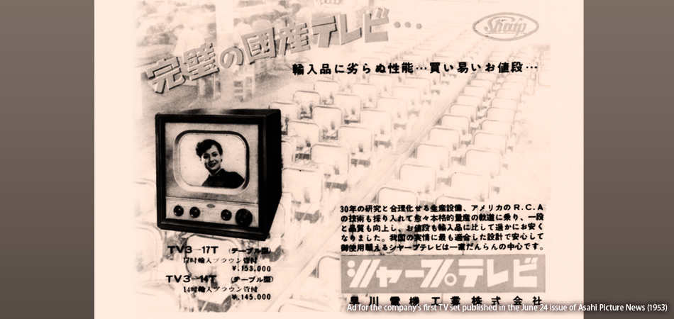 Ad for the company’s first TV set published in the June 24 issue of Asahi Picture News (1953) 
