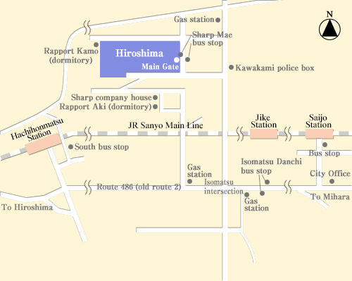 Map of the area along the JR Sanyo Main Line between Hachihonmatsu Station and Saijo Station, showing the location of the Hiroshima site together with Jike Station, the Sharp Mae and Isomatsu Danchi bus stops, and Route 486.