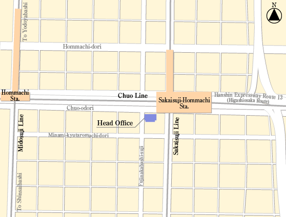 Map of the area around Sakaisuji-Hommachi Station, showing the location of the Head Office together with the surrounding rail lines and expressway.