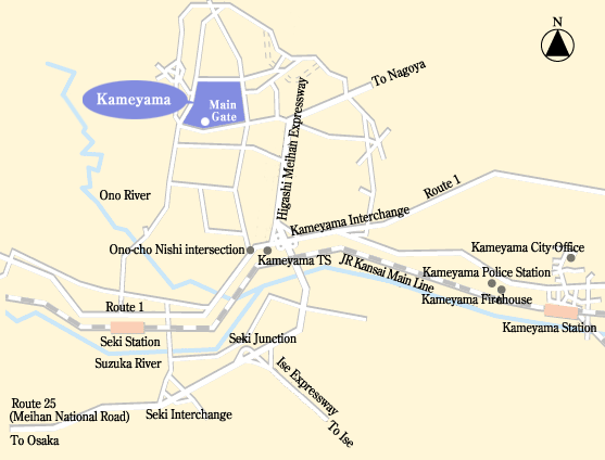 Map of the area around Kameyama Station on the JR Kansai Main Line, showing the location of the Kameyama site north of the Kameyama Interchange on the Higashi Meihan Expressway, together with Route 1 and Ono-cho Nishi intersection.