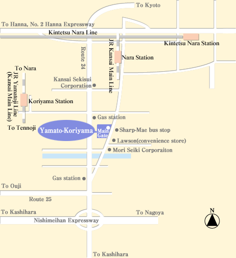 Map of the area west of Nara Station, showing the location of the Yamato-Koriyama site next to the Sharp-Mae bus stop, together with Koriyama Station, the Kintetsu Nara Line, Route 24 and the Nishimeihan Expressway.