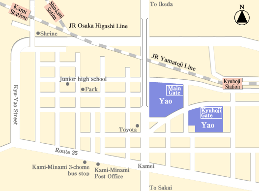 Map of the area around Kyuhoji Station on the JR Yamatoji Line, showing the Main Gate and Kyuhoji Gate of the Yao site together with the JR Osaka Higashi Line, Route 25 and Kyu-Yao Street.