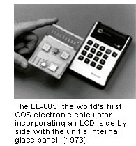 The EL-805, the world’s first COS electronic calculator incorporating an LCD, side by side with the unit’s internal glass panel. (1973)